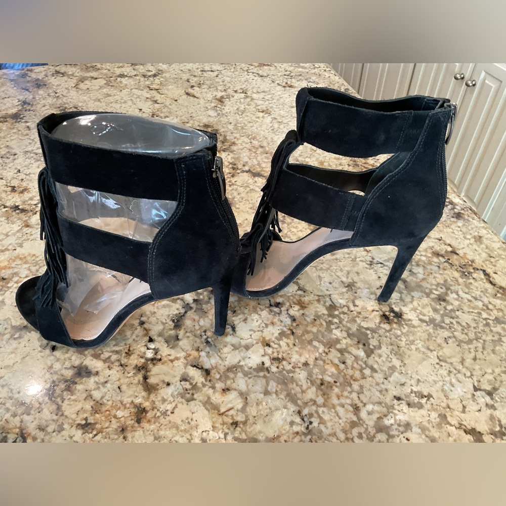 Via Spiga Black Suede Fringe Ankle-Strap Heels - Picture 5 of 7